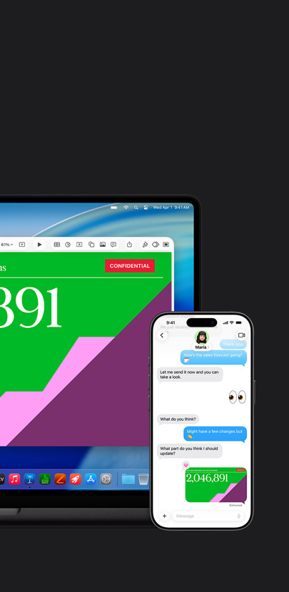 Un Mac affiche une présentation et un fond d’écran macOS Tahoe. Devant le Mac se trouve un iPhone avec la même présentation intégrée dans une conversation par SMS.