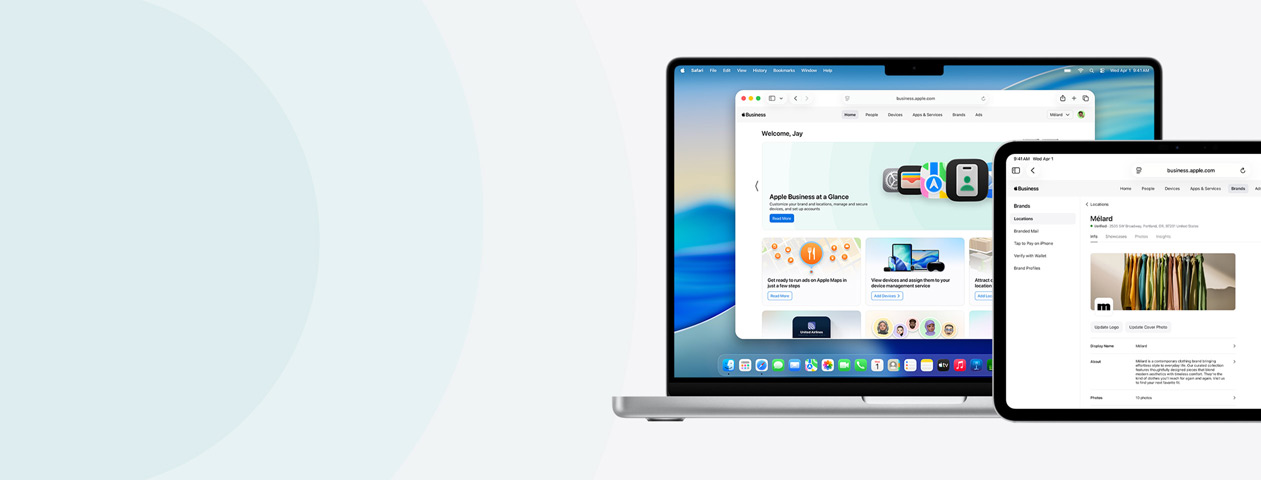 Appareils Apple affichant des services Apple Business