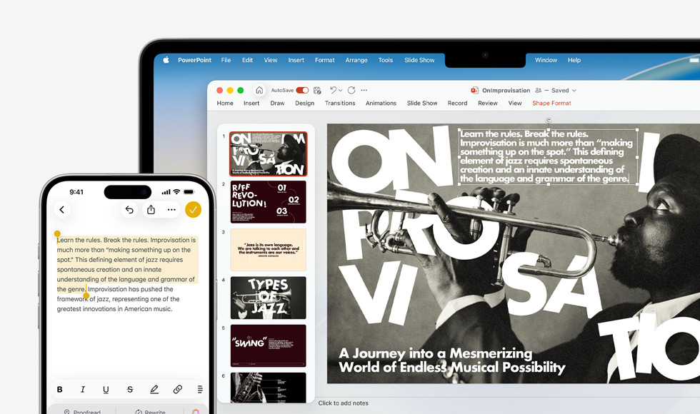 Un iPhone 16 Plus avec du texte surligné dans l’app Notes, un MacBook Air avec une diapo PowerPoint ouverte, le texte de l’app Notes est visible sur la diapo