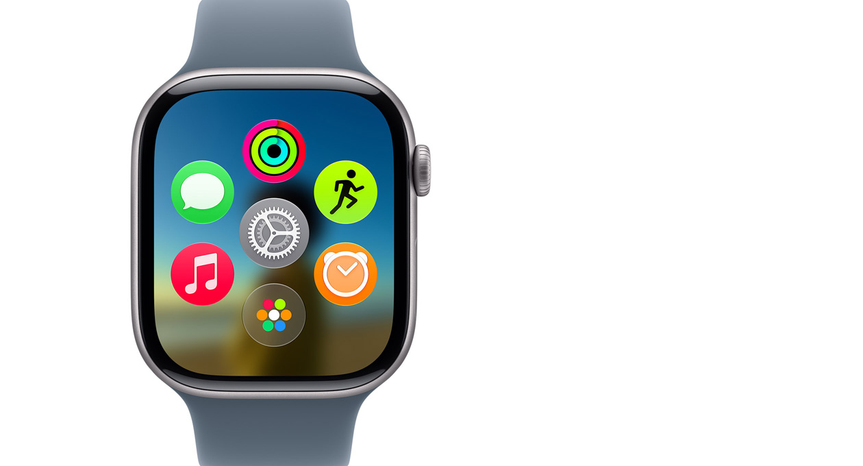 Apple Watch Series 11, titane ardoise, affichant la grille d’apps dynamique