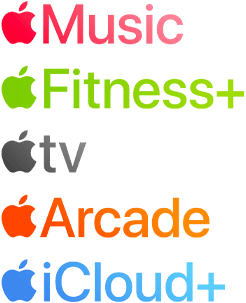 Apple subscription services logotypes including Apple Music, Fitness+, Apple TV, Apple Arcade, iCloud+
