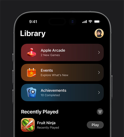 Image of the Library tab in Apple Games displayed on iPhone 17 Pro