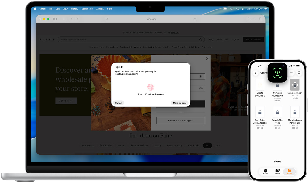 MacBook featuring Touch ID window, with macOS Tahoe wallpaper, and in front of the MacBook is an iPhone featuring Face ID screen.