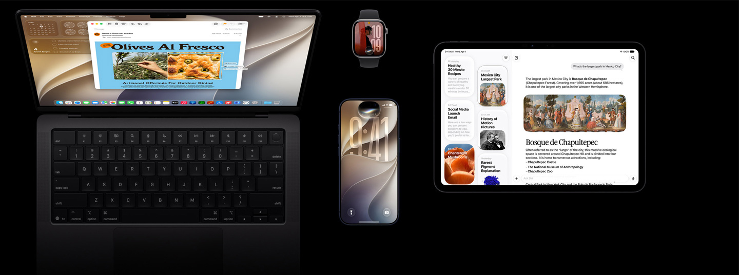 Siri AI on iOS devices, four products, iPhone 17 Pro Deep Blue, Apple Watch Series 11 42mm Space Gray, MacBook Pro 14-inch Space Black, and iPad Pro 11 Space Black.