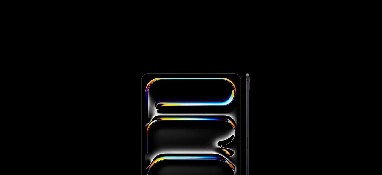 Two iPad Pro devices, front exterior, portrait orientation, black display bezel, display showing multicolored, curved line art, side exterior, thin profile, volume-up button, volume-down button, raised Pro Camera System