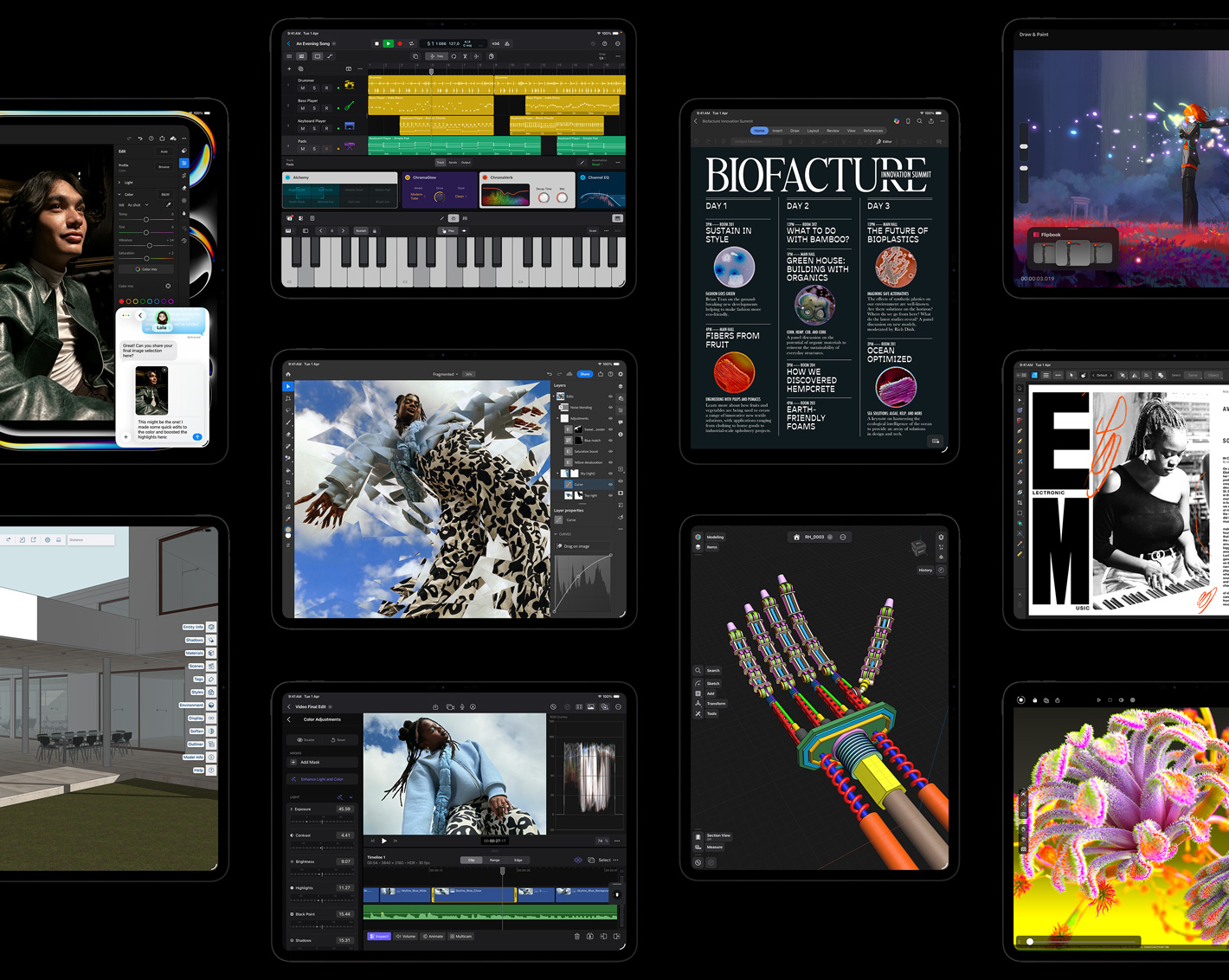 Ten iPad Pro displays showcasing iPadOS interface and different apps with creative projects open including Logic Pro, Adobe Lightroom, Adobe Photoshop, Trimble SketchUp, Microsoft Word, Procreate Dreams, Affinity Designer 2, Shapr3D