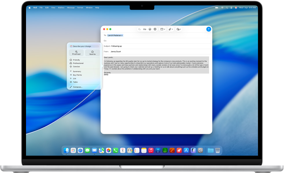 MacBook Air screen showing Apple Intelligence Writing Tools composing an email