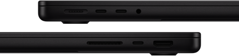 صورة تعرض منافذ MacBook Pro - الجهة اليسرى: MagSafe 3، و2 من منافذ ثندربولت، ومقبس لسماعات الرأس - الجهة اليمنى: فتحة بطاقة SDXC، ومنفذ ثندربولت واحد، وHDMI‏