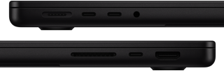 صورة تعرض منافذ MacBook Pro - الجهة اليسرى: MagSafe 3، و2 من منافذ ثندربولت، ومقبس لسماعات الرأس - الجهة اليمنى: فتحة بطاقة SDXC، ومنفذ ثندربولت واحد، وHDMI‏‏