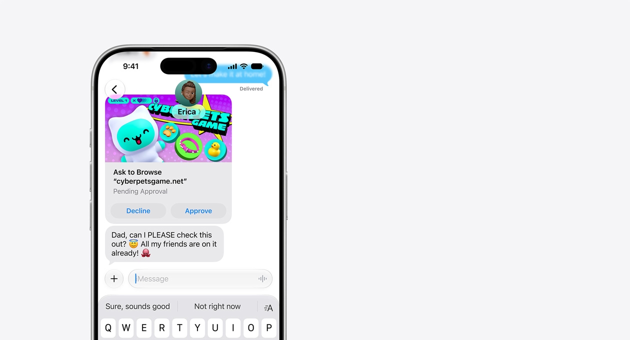 جهاز iPhone 17 Pro، لون فضي، يظهر ثلثا الجزء العلوي منه، الشاشة الأمامية تعرض رسالة نصية مع لقطة شاشة لموقع cyberpetsgame.net، يظهر زر رفض وزر موافقة أسفل الرسم، نص الرسالة هو Dad, can I please check this out, all my friends are on it already