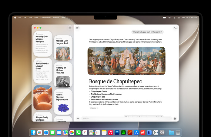14-inch MacBook Pro in Space Black, screen shows Siri app displaying an active Siri AI conversation and previous conversations in sidebar.
