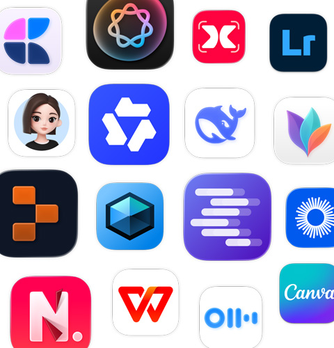 一系列 AI app 圖像，包括 MindNode、Adobe Lightroom、豆包和千問。