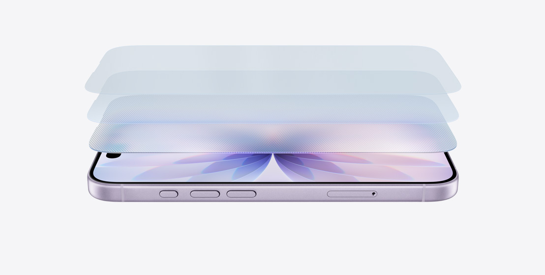 橫放的薰衣草紫色外觀 iPhone 17 的側面，以層疊設計展示陶瓷晶體護面 2