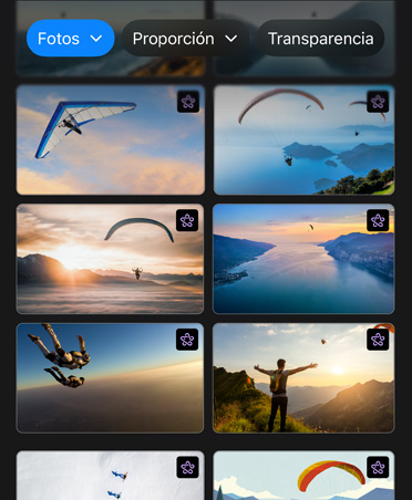 Pantalla con ocho imágenes de parapentes en pleno vuelo, botones de Fotos, Aspecto y Transparencia en la parte superior