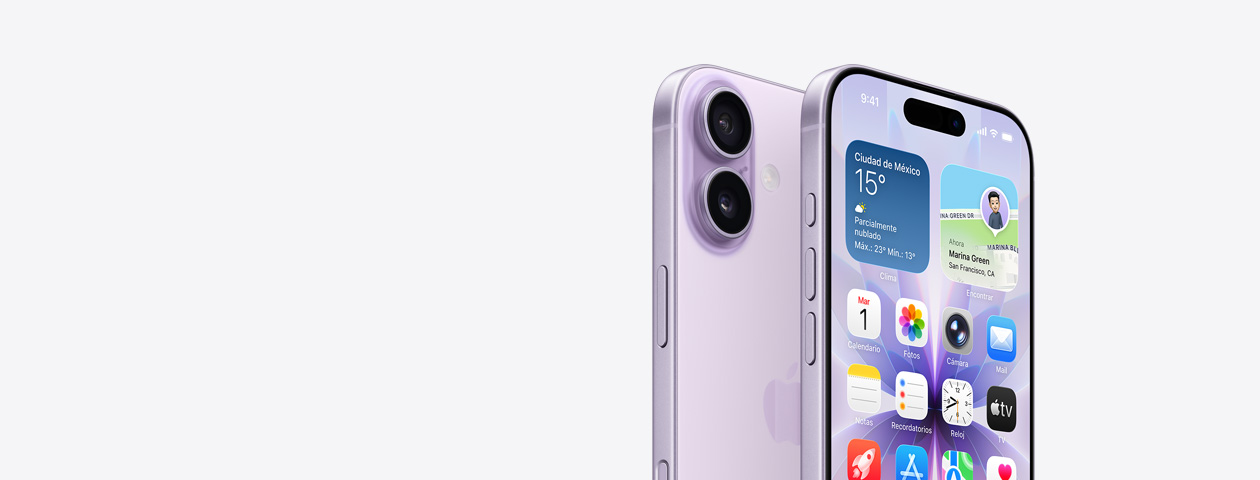 iPhone 17 en color lavanda, parte frontal con la pantalla de inicio parcialmente visible, la parte lateral muestra el Botón de Acción y botones de volumen. La parte posterior muestra el sistema de dos cámaras Fusion en la esquina superior izquierda, botón de Control de la Cámara