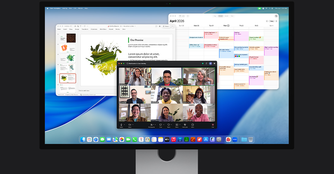 iMac, screen displays a Zoom video call with multiple participants, a calendar and a presentation open in the background