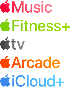 Apple subscription services logotypes including Apple Music, Fitness+, Apple TV, Apple Arcade, iCloud+