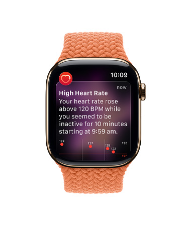 Apple Watch Series 11, titanium case gold colour, High heart rate notification, Braided Solo Loop, turmeric colour