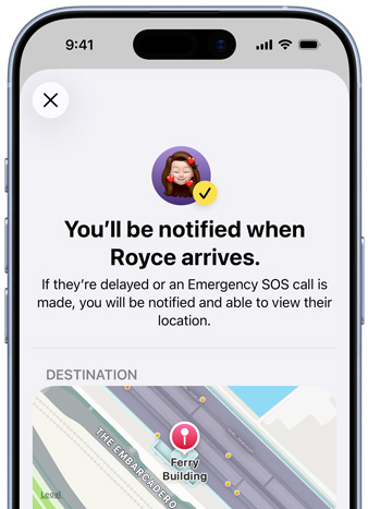 iPhone screen shows a confirmation that a Find My notification has been set up, text reads “You'll be notified when Pedro arrives”, map with pinned location sits at bottom of screen