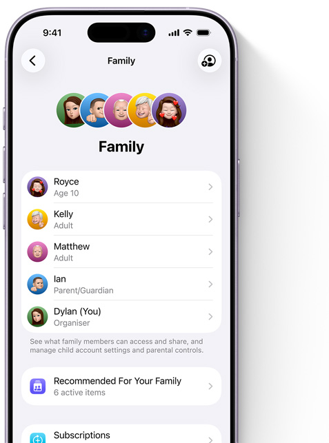 iPhone screen showing the Family page in Settings, Memojis of individual family members, each set against its own colourful circle, arrayed at the top, same Memojis in a list beneath them showing all members of the Family Sharing group
