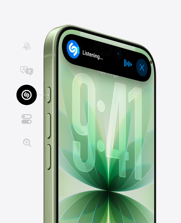 iPhone 17 in sage finish, front exterior with Ceramic Shield, Dynamic Island showing Shazam in use, side angle shows: Action and volume buttons