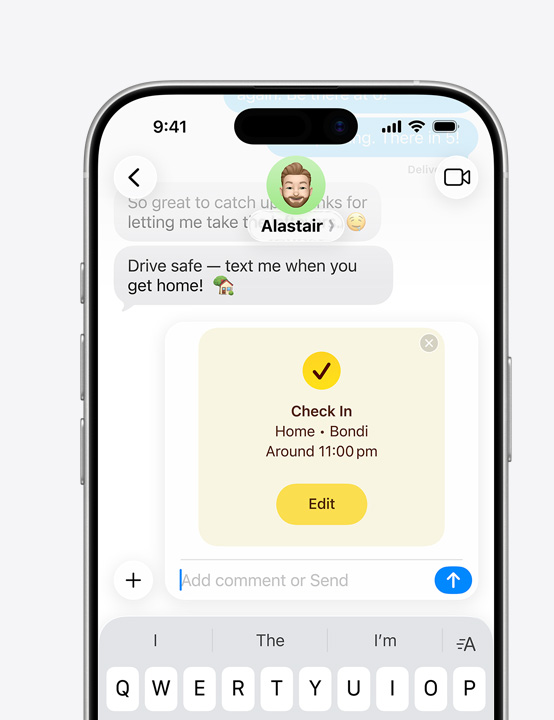 iPhone screen showing Messages thread with Check In feature in use