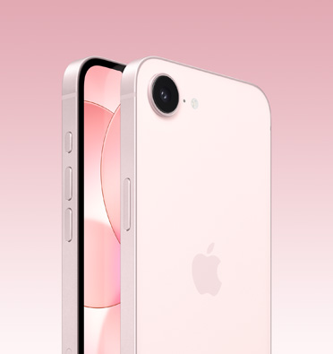 Front and back of iPhone 17e in soft pink, partial front screen, full back with Apple logo and single camera, side shows Action, volume and side buttons.