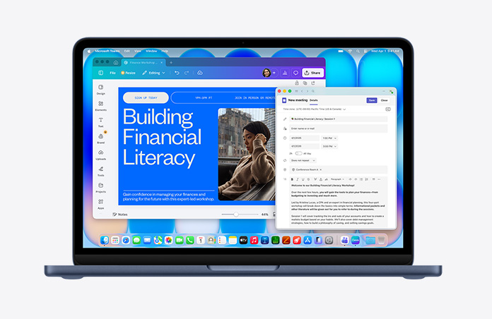 MacBook Neo in midnight, displaying a webpage titled “Building Financial Literacy” with an image of a person, an email draft open, menu bar with various icons, Dock at the bottom with app icons