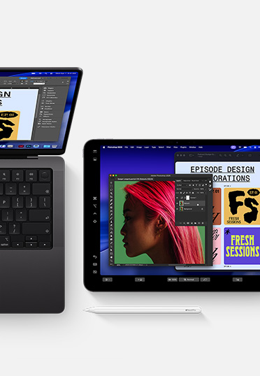 MacBook and iPad with Apple Pencil, both screens displaying the same graphic design software to show continuity between devices.