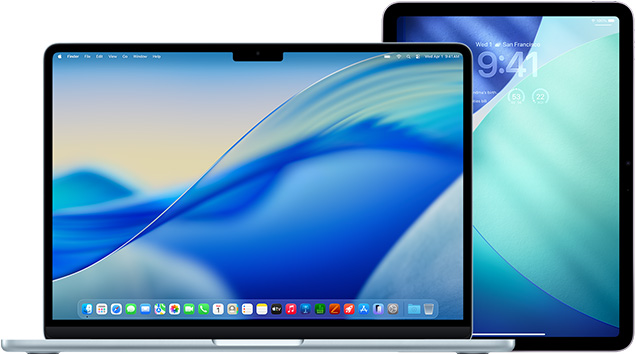 MacBook on left, iPad on right, screens displaying similar blue and green wallpaper.