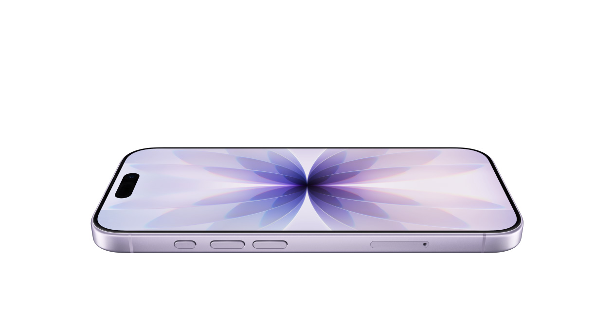 iPhone 17, front exterior with Ceramic Shield, side exterior, lavender color, buttons: action, volume, Dynamic Island centered near top