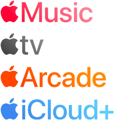 Logo usług subskrypcji Apple, w tym Apple Music, Apple TV, Apple Arcade, iCloud+