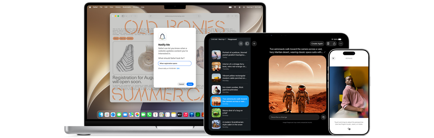 Trzy produkty, w tym MacBook Pro 14 cali w kolorze srebrnym pokazujący użycie funkcji Powiadom mnie, iPad Pro 11 w kolorze srebrnym pokazujący użycie funkcji Image Playground z obrazem dwóch astronautów wybranym z listy na pasku bocznym i iPhone 17 Pro w kolorze srebrnym pokazujący demo funkcji Zmiana kadru do edycji zdjęć z obrazem osoby opartej o ladę