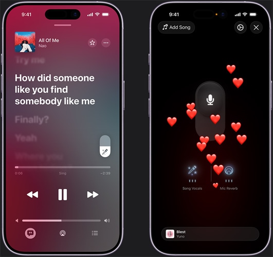 Po lewej stronie iPhone odtwarzający utwór Kapo i Myke'a Towersa „ILY” w trybie Apple Music Sing, z dołu ekranu unoszą się emotikony serc. Po prawej stronie iPhone z widocznym trybem Apple Music Sing i emotikonami serc unoszącymi się z dołu ekranu, ikoną mikrofonu na środku ekranu oraz ikonami „Song Vocals” i „Mic Reverb” na dole ekranu.
