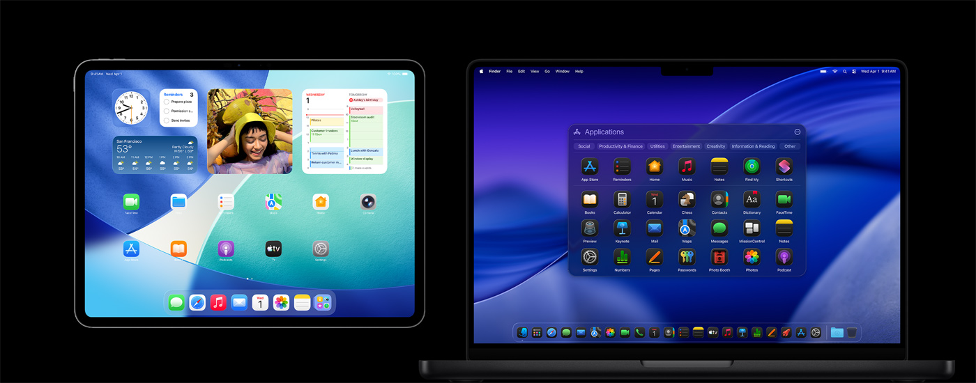 iPad i Mac wyświetlające ikony różnych aplikacji. iPad pokazuje kilka widżetów, w tym Kalendarz, Pogodę i Zdjęcia.