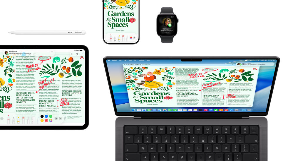 Pakiet urządzeń, w tym iPad, iPhone, Apple Watch i Mac, wszystkie z tą samą zawartością.