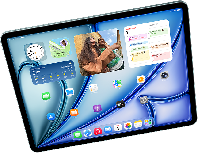 iPad Air w orientacji poziomej, widać Apple Intelligence z Image Playground oraz aplikację Keynote i Apple Pencil Pro