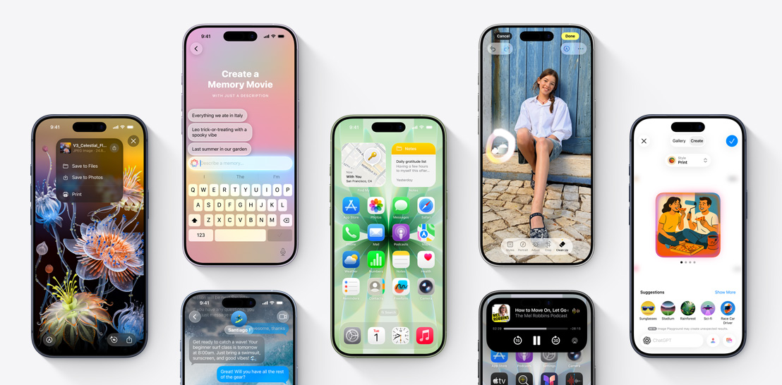 Różne modele iPhone’a 17 i iPhone’a 17 Pro; każdy ma inny ekran pokazujący funkcje iOS 26 i Apple Intelligence