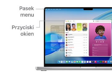 Przegląd elementów nawigacyjnych w macOS na MacBooku Pro 14″ z liniami oznaczającymi położenie paska menu, przycisków okien i Docka.