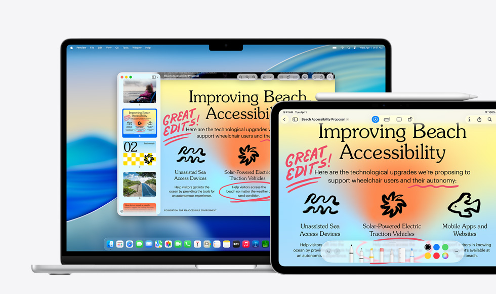 Kilka urządzeń Apple wyświetlających ten sam obraz, na iPadzie wprowadzono oznaczenia za pomocą Apple Pencil, które automatycznie pojawiają się na pozostałych urządzeniach