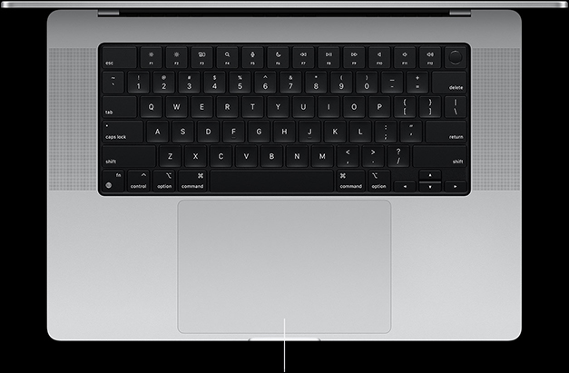 Widok z góry na otwartego MacBooka Pro 16 cali z gładzikiem Force Touch umieszczonym poniżej klawiatury