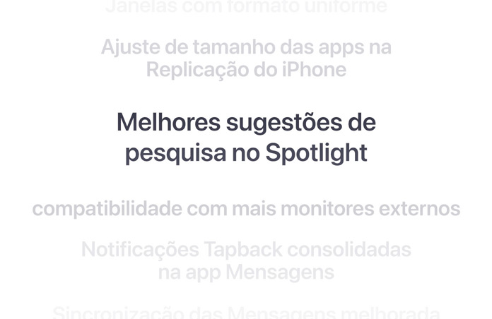 Lista vertical de características, com "Melhores sugestões de pesquisa do Spotlight" destacadas a negrito no centro. As características envolventes desvanecem em segundo plano acima e abaixo.