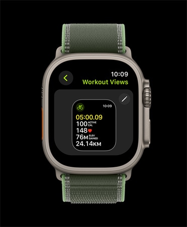Apple Watch Ultra 3, carcasă din titan, culoare natural, ecranul de editare a funcției Vizualizări exercițiu, brățară Montană, culoare Verde/Neon