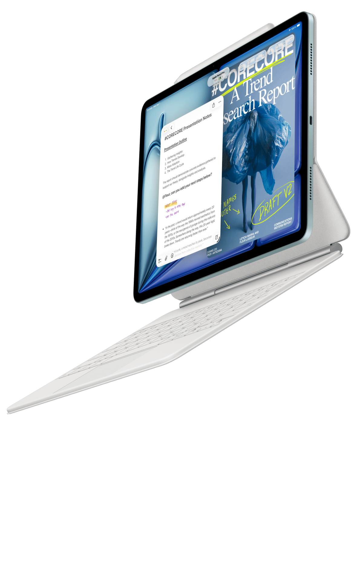 iPad Air atașat la Magic Keyboard pentru iPad Air și Apple Pencil Pro