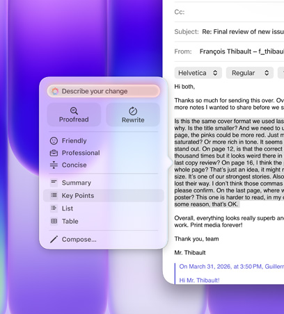 Funcția Instrumente de scris în utilizare, evidențiind un paragraf mare de text într-un e-mail, meniul Instrumente de scris arată opțiunea „Puncte principale” selectată, cu pictograma unei liste