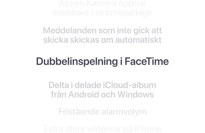 En vertikal lista med funktioner och ”Dubbelinspelning i FaceTime” i mitten markerad med fetstil. Funktioner runt omkring tonas bort i bakgrunden ovanför och nedanför.