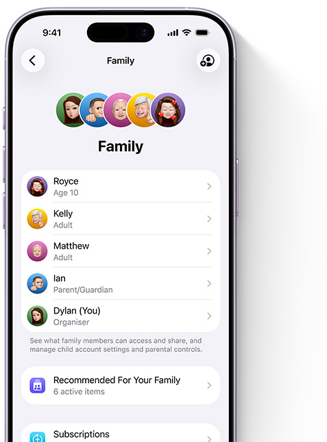 iPhone screen showing the Family page in Settings, Memojis of individual family members, each set against its own colourful circle, arrayed at the top, same Memojis in a list beneath them showing all members of the Family Sharing group