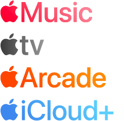 Apple subscription services logotypes including Apple Music, Apple TV, Apple Arcade, iCloud+