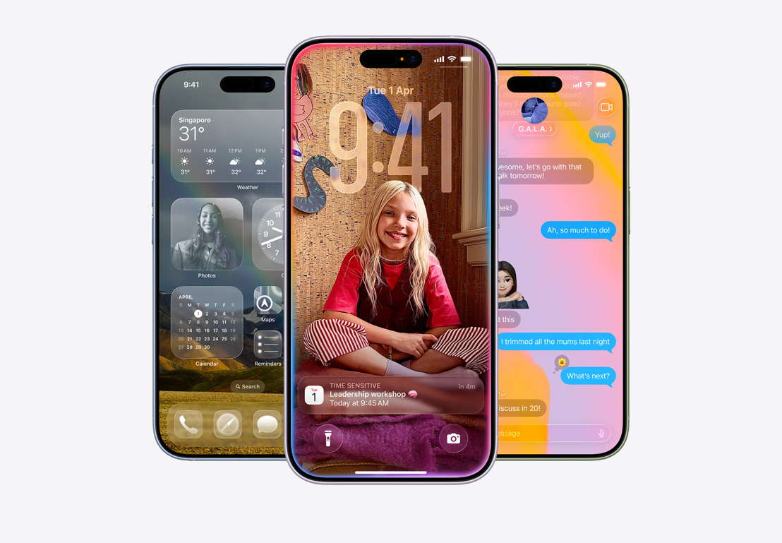 iPhone 17 devices, front exterior, finishes: mist blue, lavender, sage, iOS 26 features — Home Screen with various apps displayed, Calendar pop-up on personalised Lock Screen, iPhone screen showing Messages with Liquid Glass design