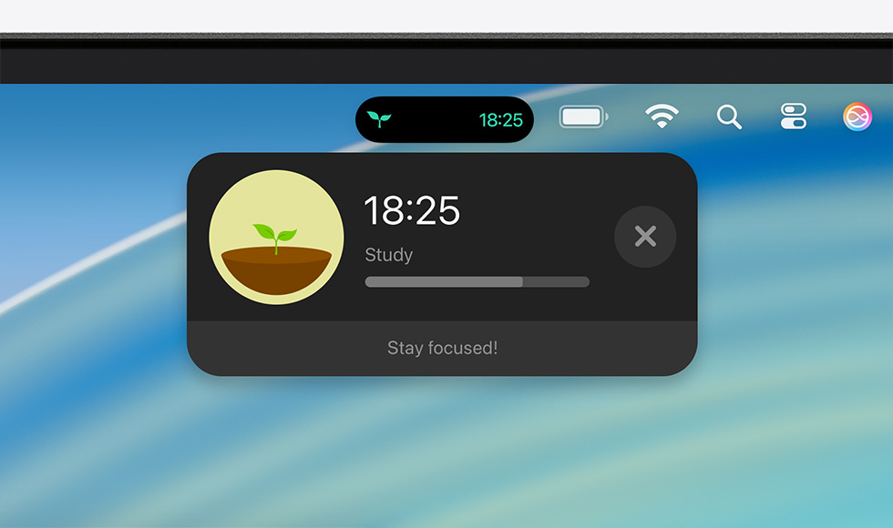 Top of Mac device screen showing the menu bar with an expanded Live Activity for Forest